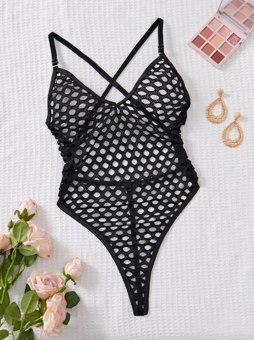 Women's Lingerie Black Mesh Fishnet Bodysuit Teddy Large NEW